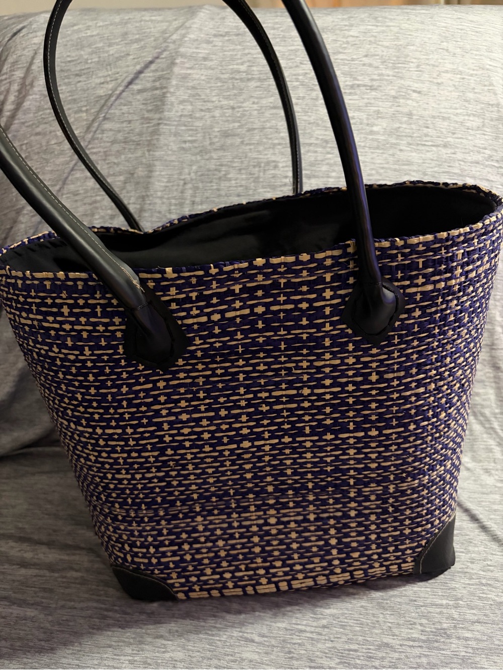 Navy and Tan Woven Tote with Black Handles